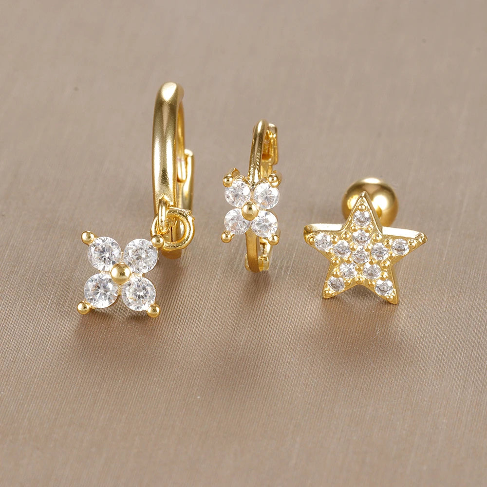 3PCS Vintage Design Four Flower Zircon Hoop Earrings Set Steel
