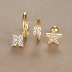 3PCS Vintage Design Four Flower Zircon Hoop Earrings Set Steel