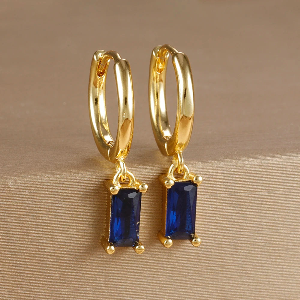 18K Gold Plated Green Zirconia Huggies Hoop Earrings Square Pendant