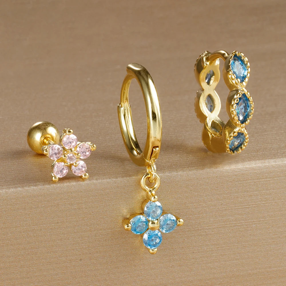 3PCS 9 Styles Gold Plated Geometric Circle Piercing Earrings Set