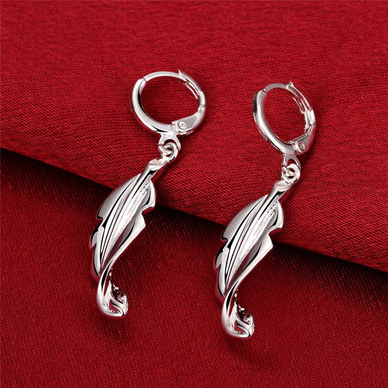 925 Sterling Silver 40mm Feather Earrings Women Fashion Charm Wedding Gift