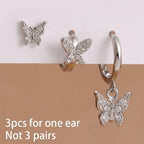 3PCS Elegant Butterfly CZ Charms Hoop Earrings Stainless Steel