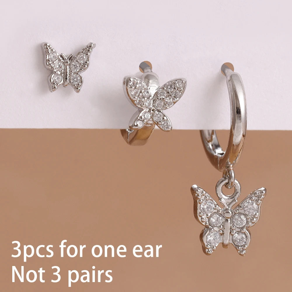3PCS Elegant Butterfly CZ Charms Hoop Earrings Stainless Steel