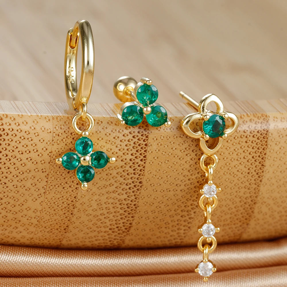 3PCS Green Zircon Flower Hoop Earrings Set Stainless Steel Luxury