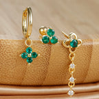 3PCS Green Zircon Flower Hoop Earrings Set Stainless Steel Luxury