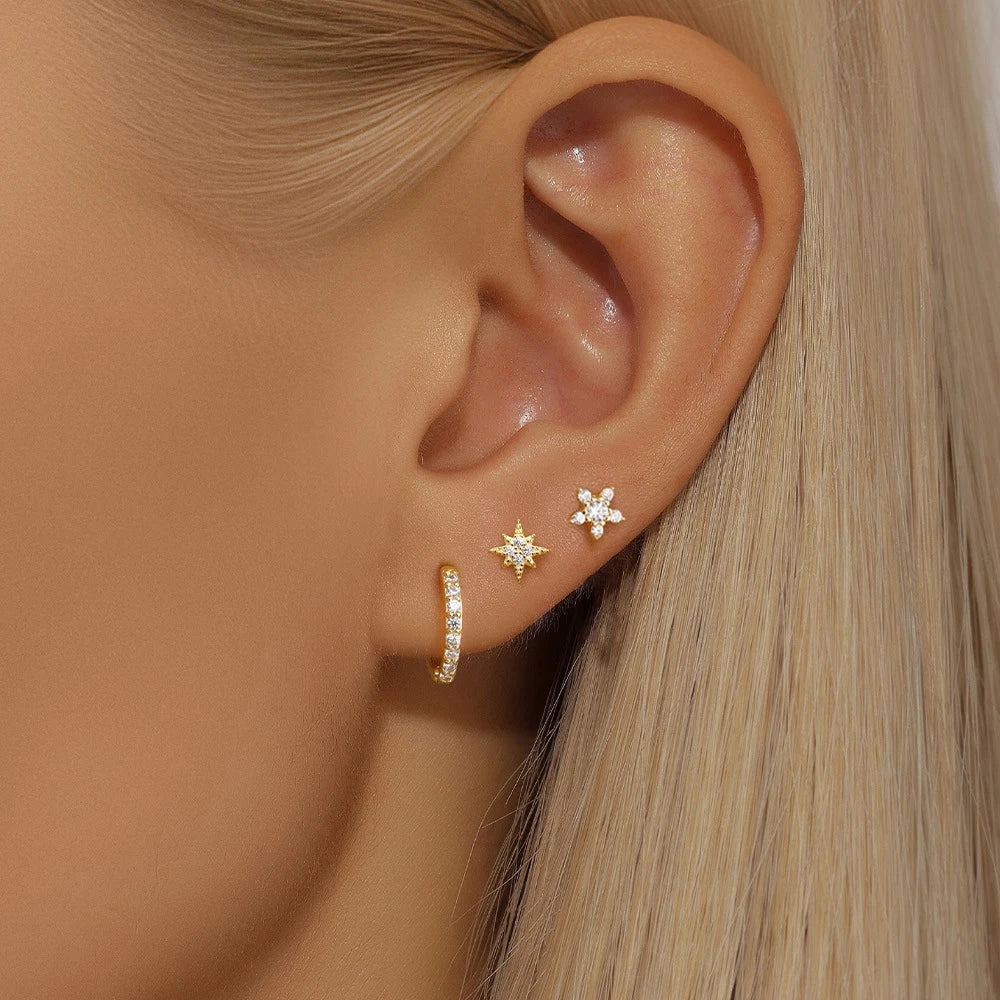 3PCS Trendy Double-layer Circle Cubic Zircon Star Hanging Earrings