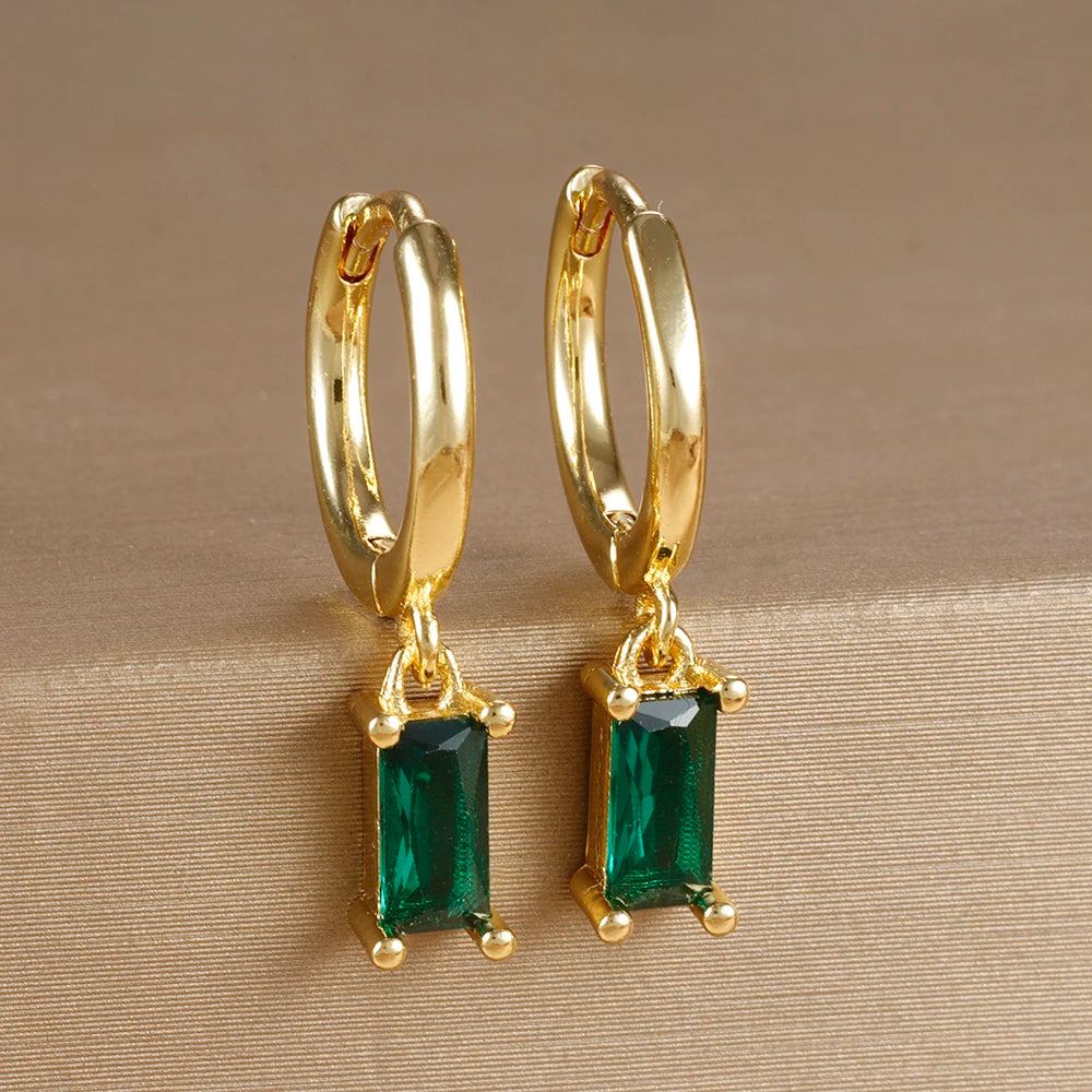 18K Gold Plated Green Zirconia Huggies Hoop Earrings Square Pendant