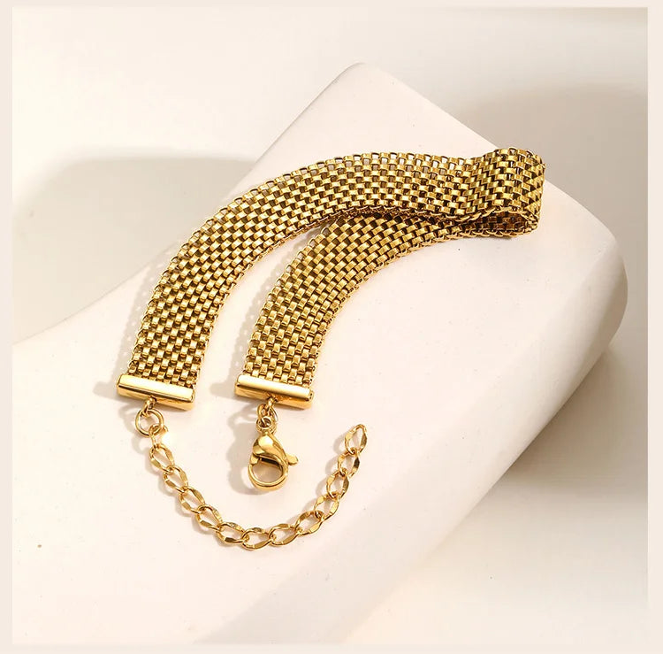 Women's Chunky Link Chain Mesh Bracelet, Stainless Steel Gold Plated Waterproof Jewelry