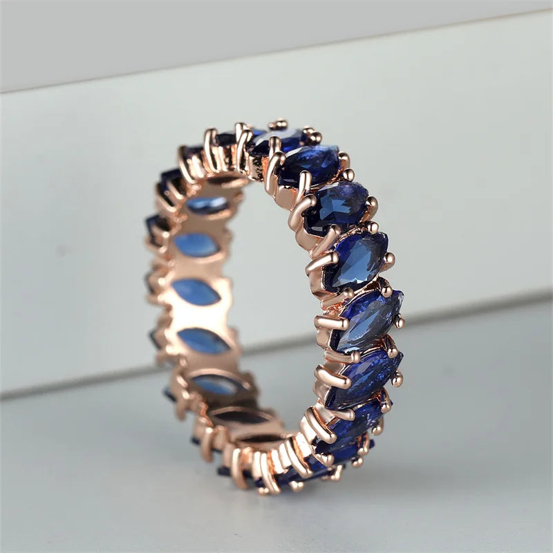 Bohemian Royal Blue Stone Leaf Rings For Women Silver Rose Gold Color Horse Eye Zircon Wedding Bands Birthday Party Jewelry Gift