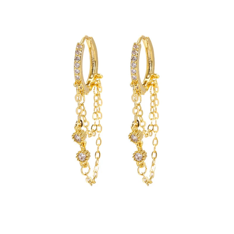 2PCS Gold Colour Crystal Zirconia Chain Hoop Earrings Small Pendant