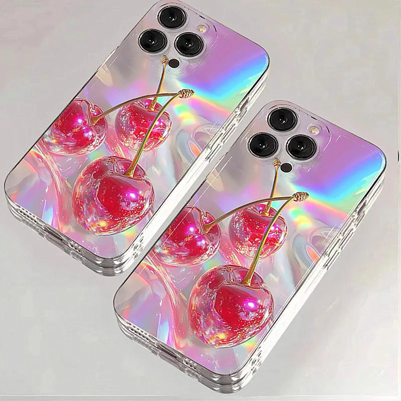 Crystal Cherry Print Case for iPhone 17 16 15 14 13 12 11 Pro Max Plus Air