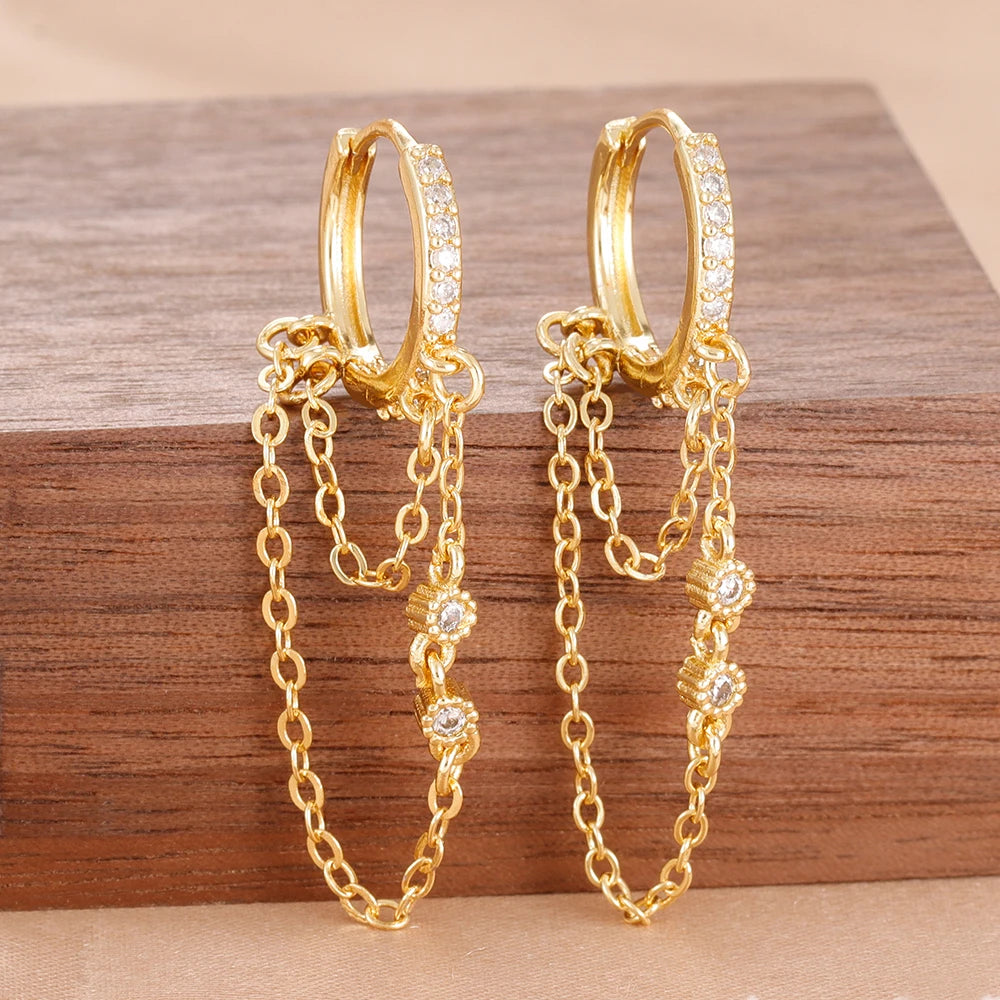 Stainless Steel Gold Colour Chain Dangle Drop Earrings Clip Earring