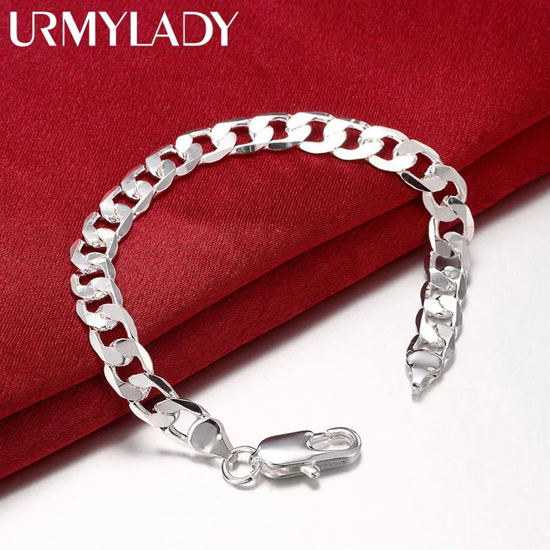 8mm Geometric Side Chain Bracelet 925 Sterling Silver Men Women Luxury Gift