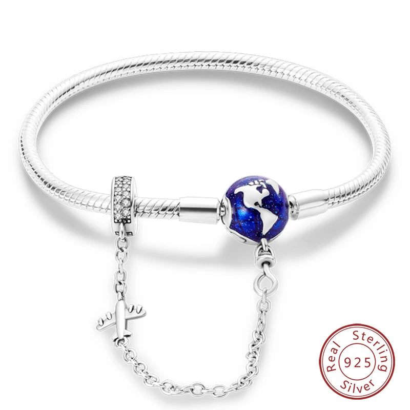 925 Sterling Silver Forever Love Peach Heart Bracelets Star Moon Airplane Earth Bracelets For Women Fit DIY Charms Party Jewelry