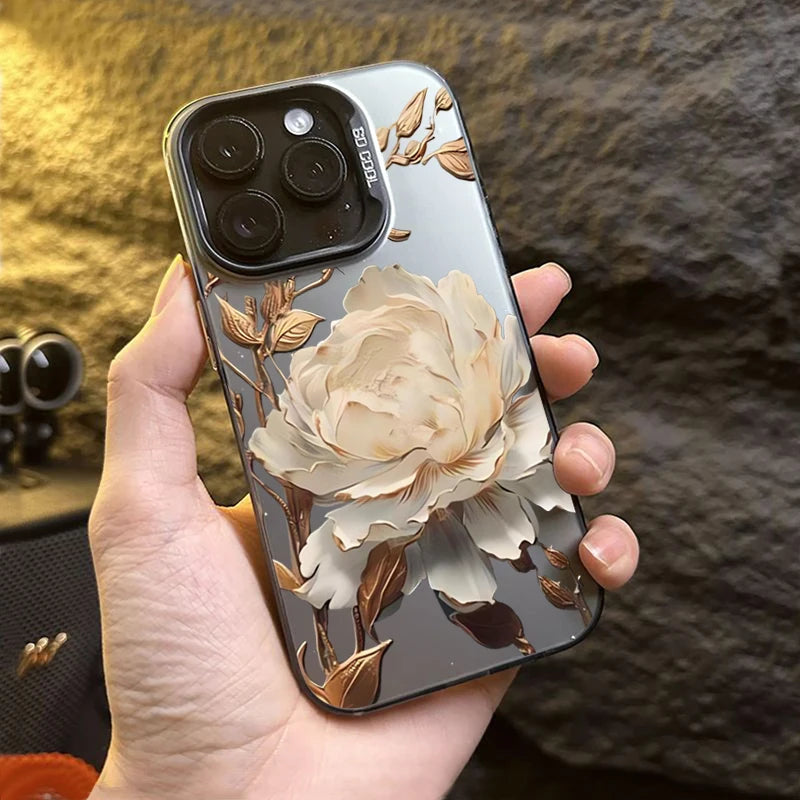 Gold Lotus Silver IMD Case for iPhone 16 15 14 13 12 11 Pro Max