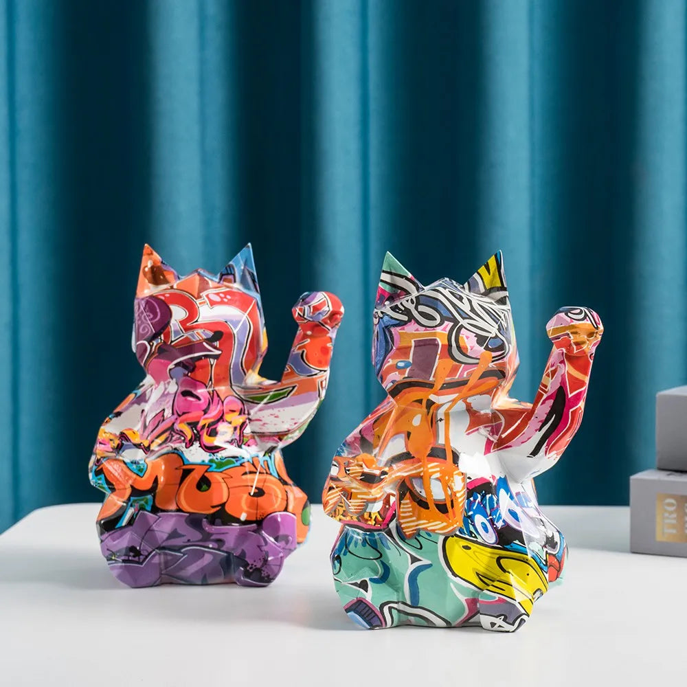 Geometric Abstract Lucky Cat Home Shop Decoration Resin Figurines Wall Shelf Modern Art