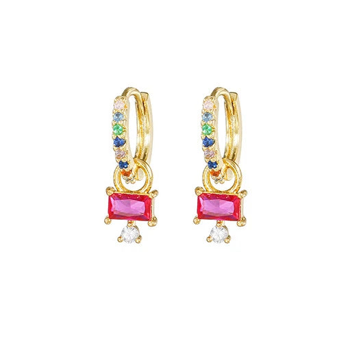 Luxury Rose Red Zircon Stainless Steel Water Drop Hoop Earring