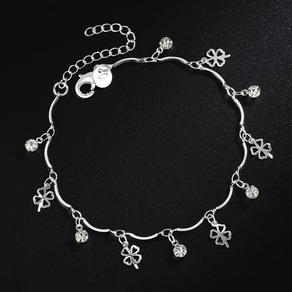 Lucky Clover Leaf Zircon Chain Bracelet 925 Sterling Silver Wedding Party