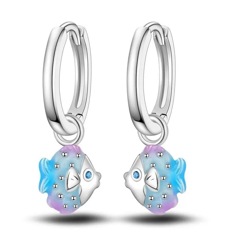 925 Sterling Silver Blue Devil Fish Hoop Earrings Anniversary Jewellery Gift