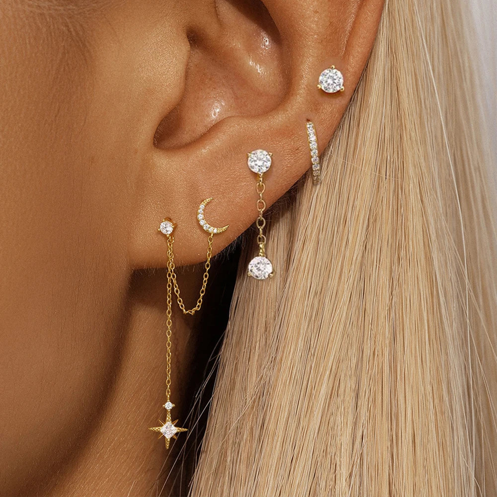 4PCS Women's Earrings Set Stainless Steel Zirconia Moon Star Punk