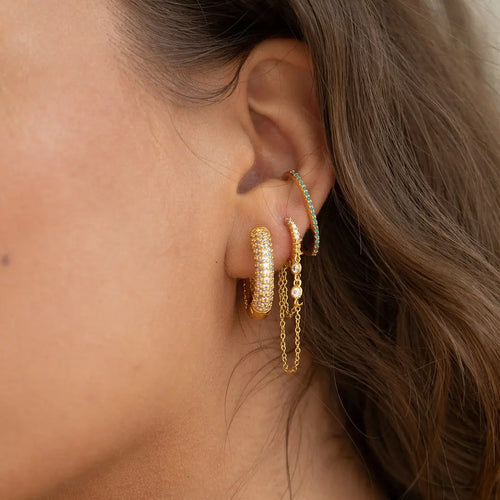 2PCS Gold Colour Crystal Zirconia Chain Hoop Earrings Small Pendant