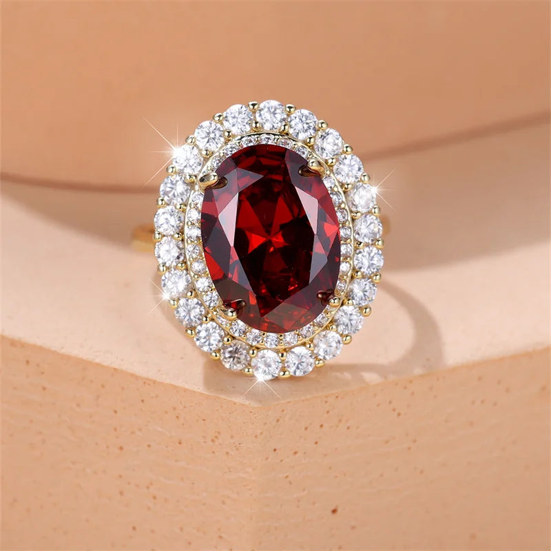 Female Luxury Big Red Stone Oval Wedding Bands Antique Gold Color Vintage Zircon Adjustable Engagement Cocktail Ring Jewelry CZ