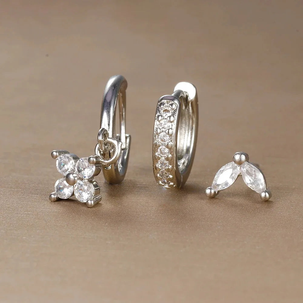 3PCS Trendy Stainless Steel Flower Drop Earring Set Zirconia Dangle