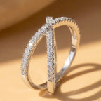 925 Sterling Silver Luxury Cross X Shape Engagement Ring Full Paved CZ Stone Simple Jewellery