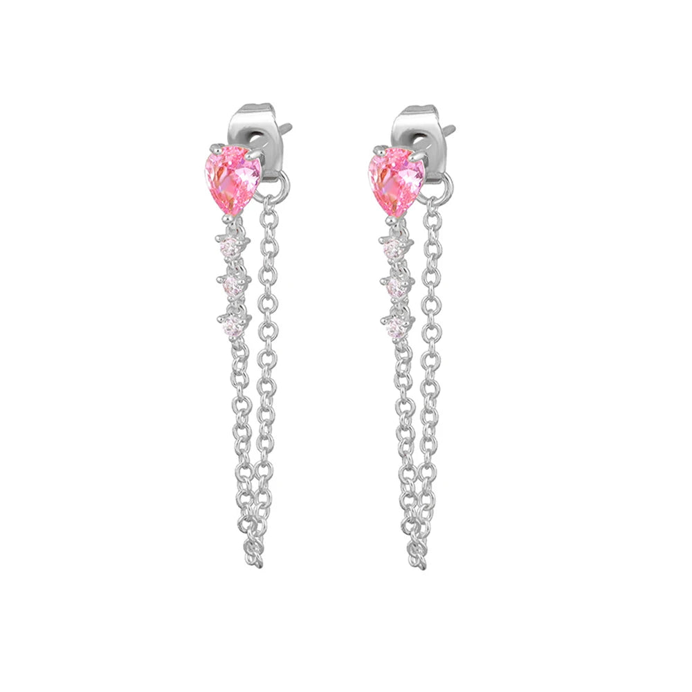 2PCS Pink Zircon Water Drop Chain Link Hanging Earrings Cross Dangle
