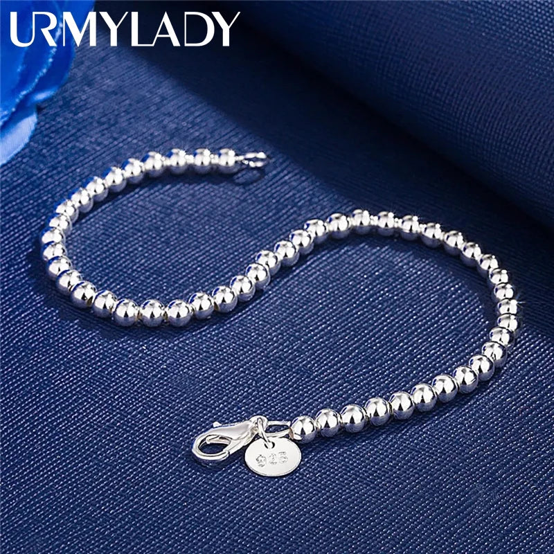 4mm Beads Chain Bracelet 925 Sterling Silver Women Wedding Party Jewellery