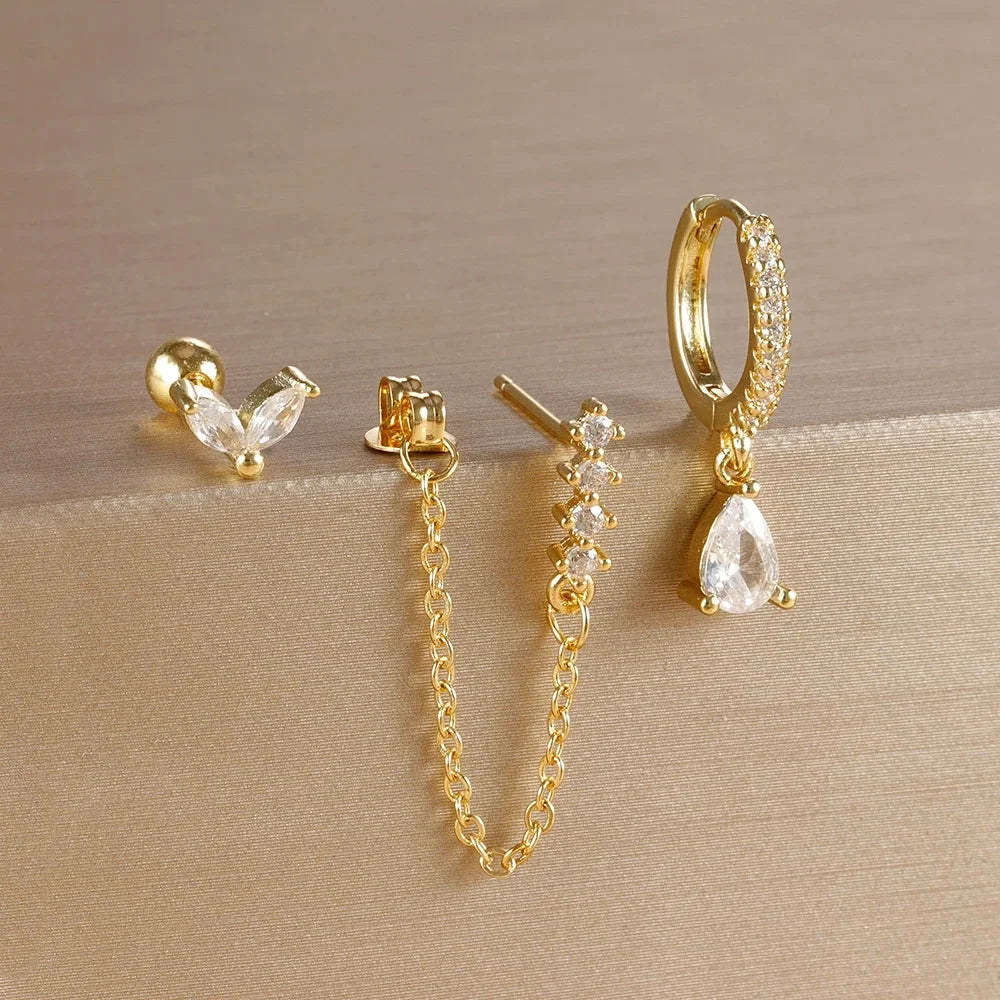 3PCS Gold Colour Chain Flower Drop Earrings Zircon Dangle Earring