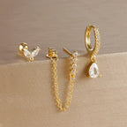 3PCS Gold Colour Chain Flower Drop Earrings Zircon Dangle Earring