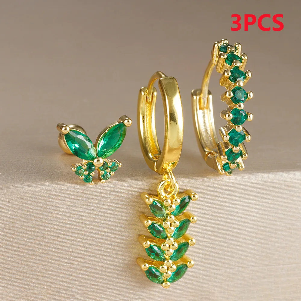 3PCS Zircon Leaf Hoop Earrings Set Stainless Steel Butterfly Studs