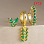 3PCS Zircon Leaf Hoop Earrings Set Stainless Steel Butterfly Studs