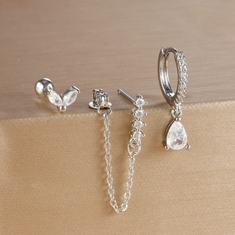 3PCS Gold Plated Lightning Flower Chain Drop Earrings Zircon Dangle