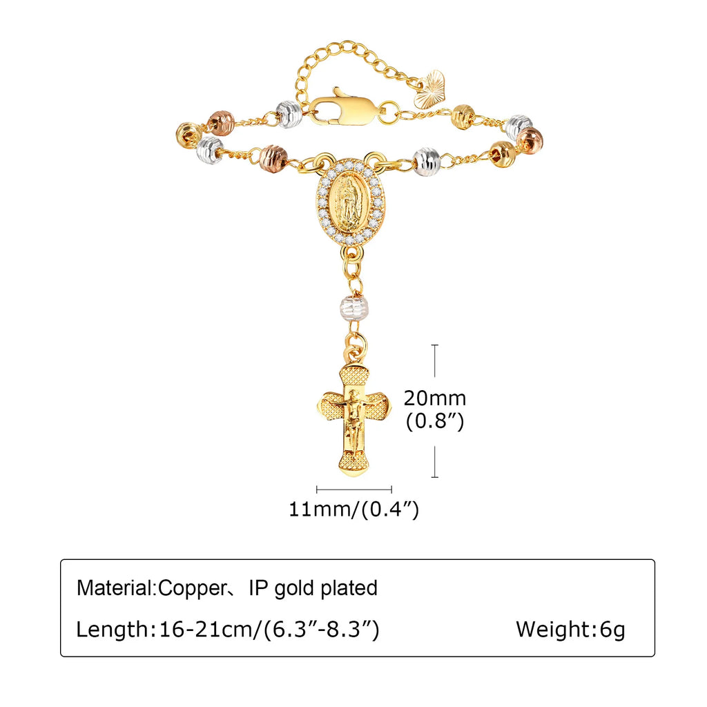 Virgin Mary Rosary Bead Cross Bracelet for Women, Tri-color Adjustable Chain Virgin of Guadalupe Bracelet Baptism Confirmation