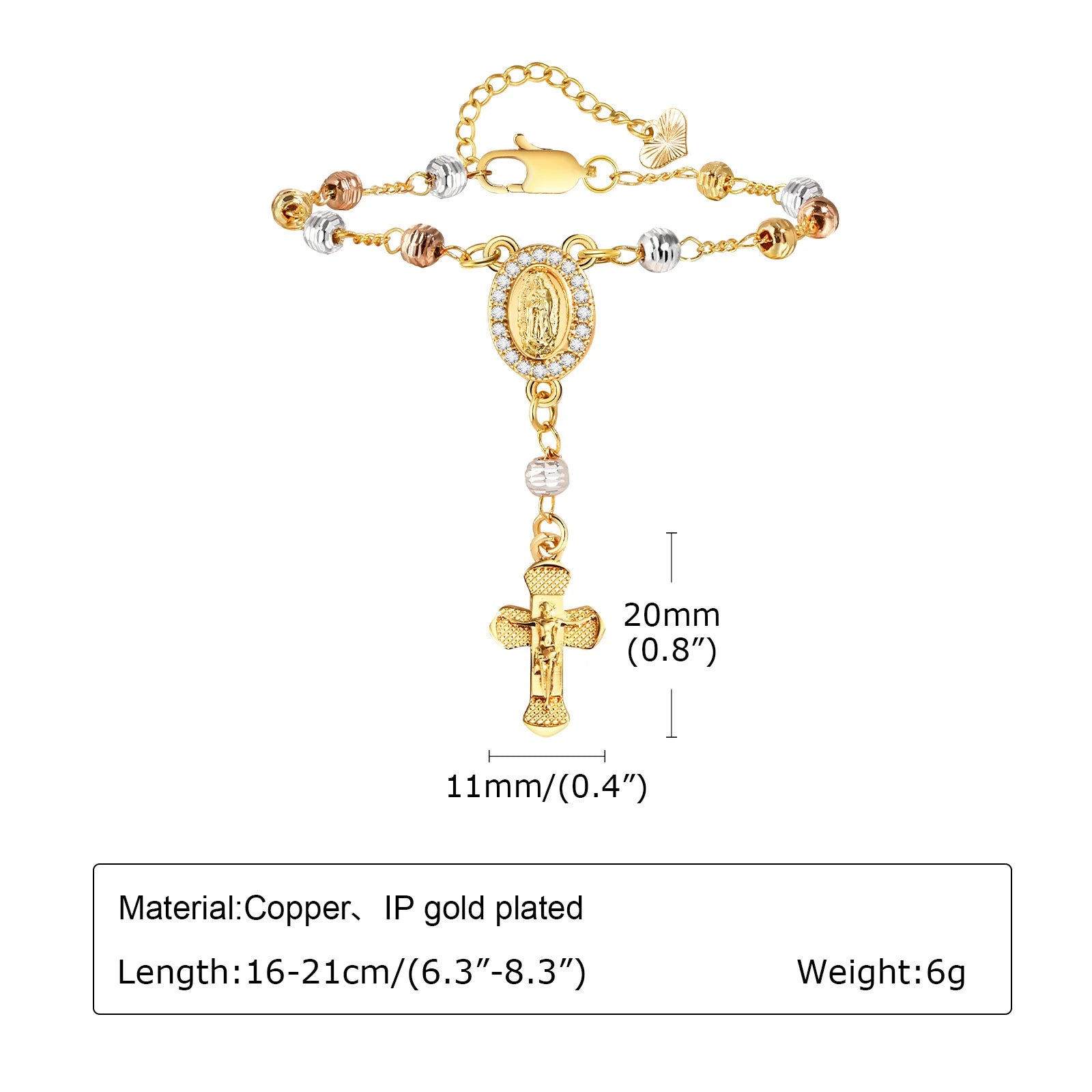 Virgin Mary Rosary Bead Cross Bracelet for Women, Tri-color Adjustable Chain Virgin of Guadalupe Bracelet Baptism Confirmation