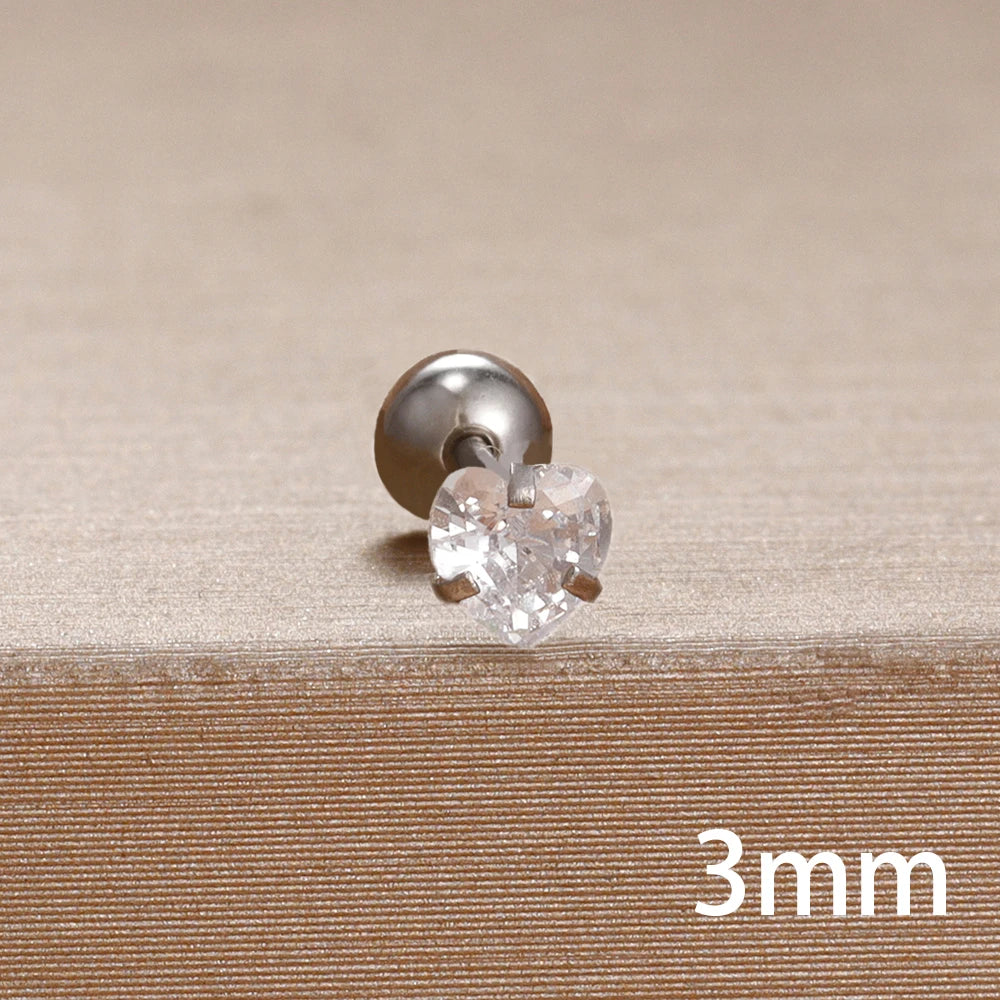 Korean Sweet Stainless Steel Zircon Heart Stud Earrings 3-6mm