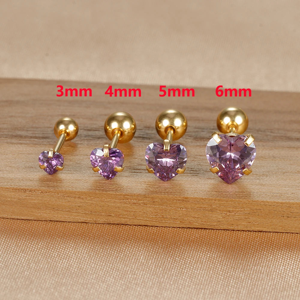 1PC Heart Stainless Steel Ear Studs Purple Crystal Stud 3-8mm