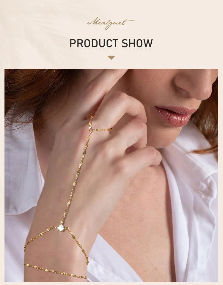 Stainless Steel Hand Chain Ring Bracelet for Women, Adjustable Gold Plated Doule-layer Bracelets, Christmas Party Jewelry