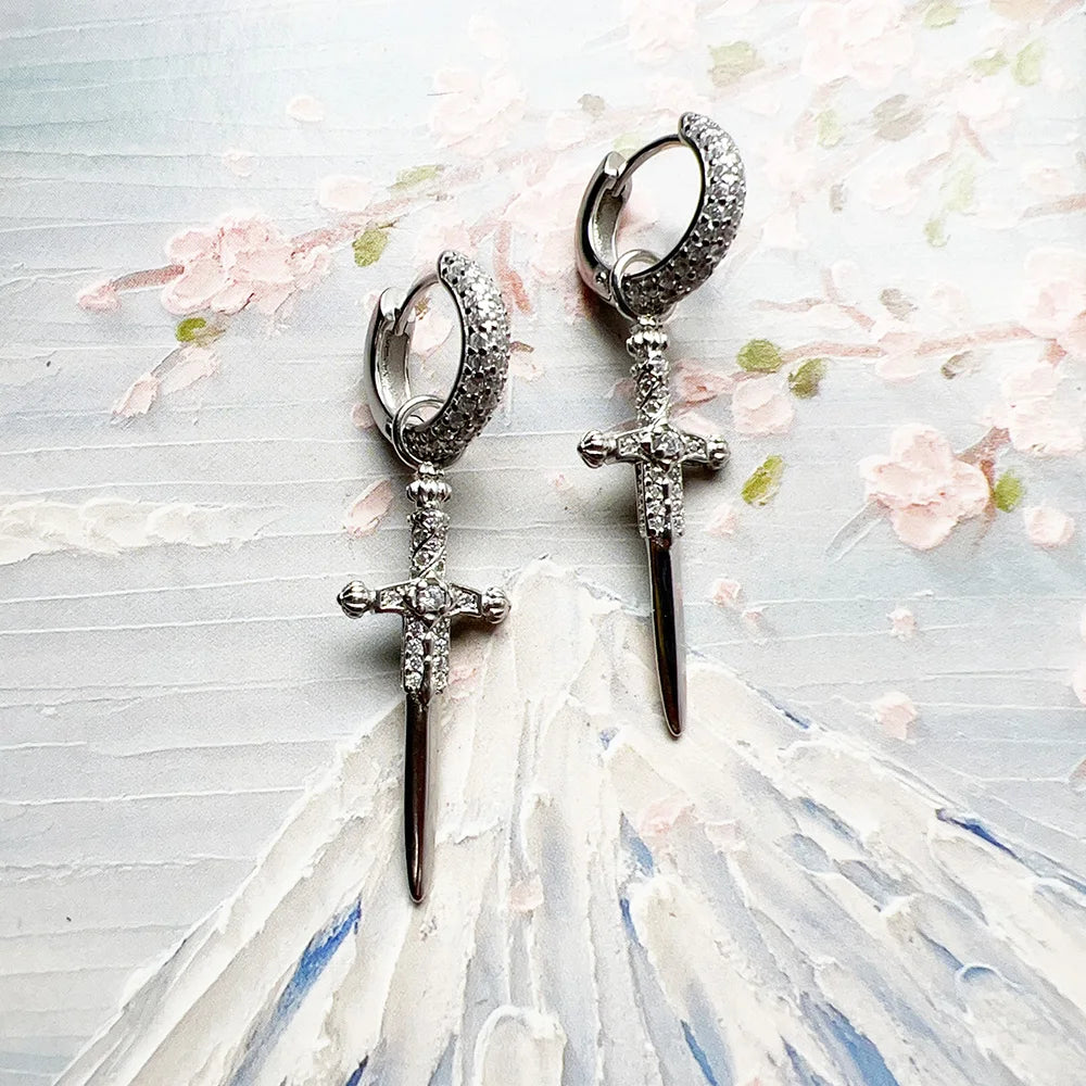 White Zircon Sword Cross Creole Hinged Hoop Earrings 925 Sterling Silver