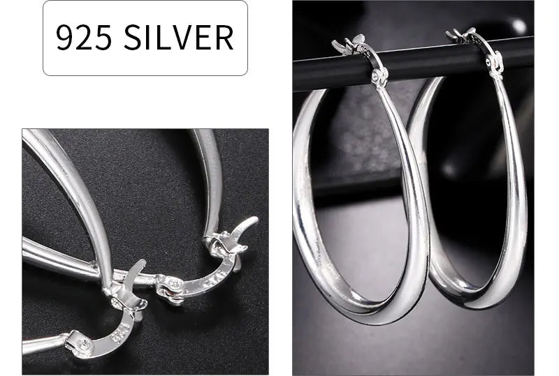 925 Sterling Silver 40mm U-Shaped Hoop Earrings Women Charm Wedding Jewellery