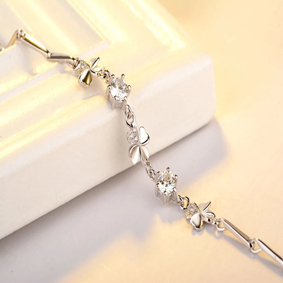 Zircon Lucky Clover Bracelet 925 Sterling Silver Crystals Wedding Jewellery
