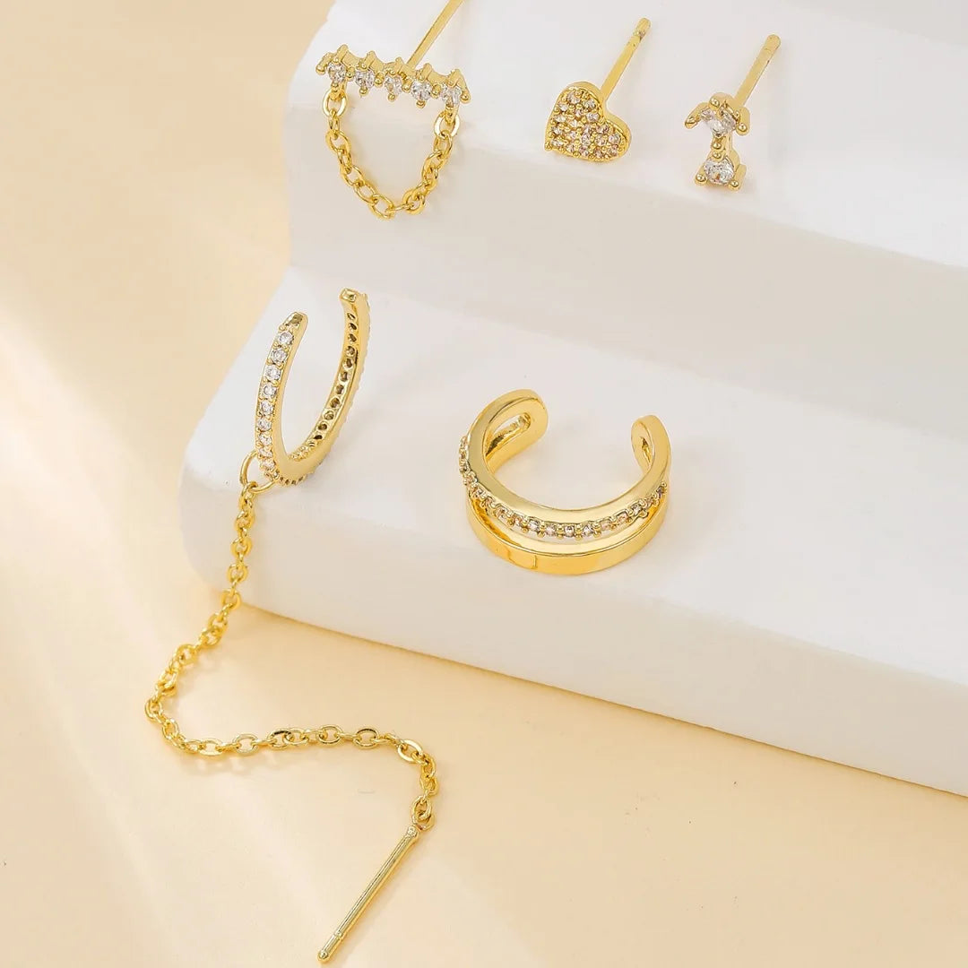 Trendy Gold Colour Long Tassel Chain Hanging Earrings Heart Clips