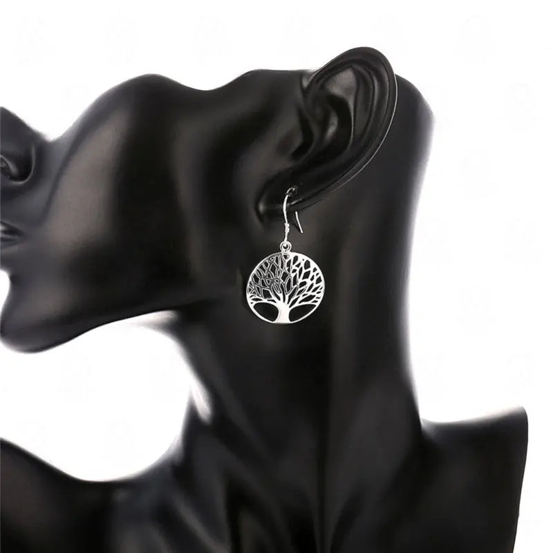 925 Sterling Silver 40mm Round Tree of Life Earrings Women Fashion Wedding