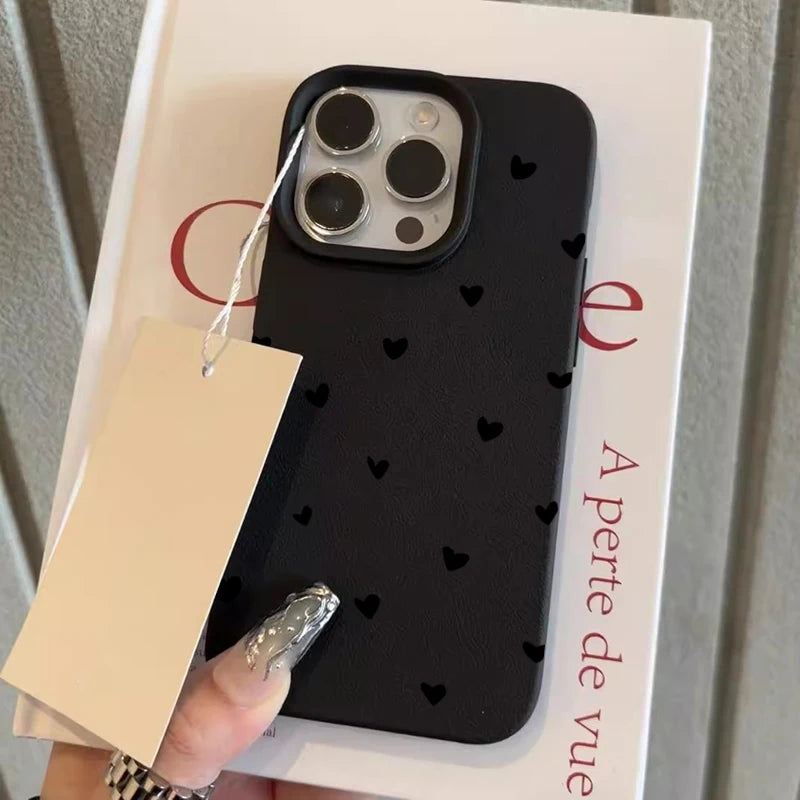 Black Love Heart Lychee Case for iPhone 17 16 15 14 13 12 Pro Max
