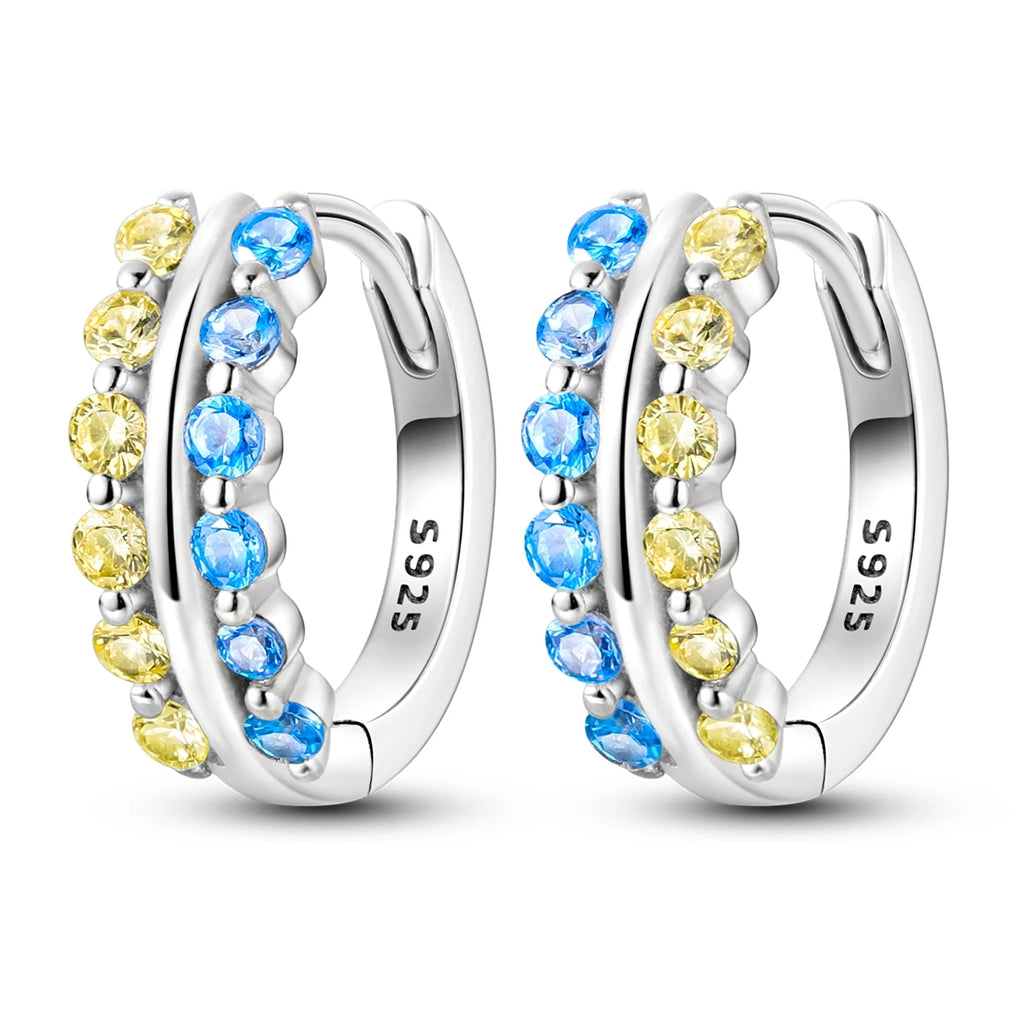 925 Sterling Silver Sparkling Blue Yellow Zircon Hoop Earrings Jewellery Gift