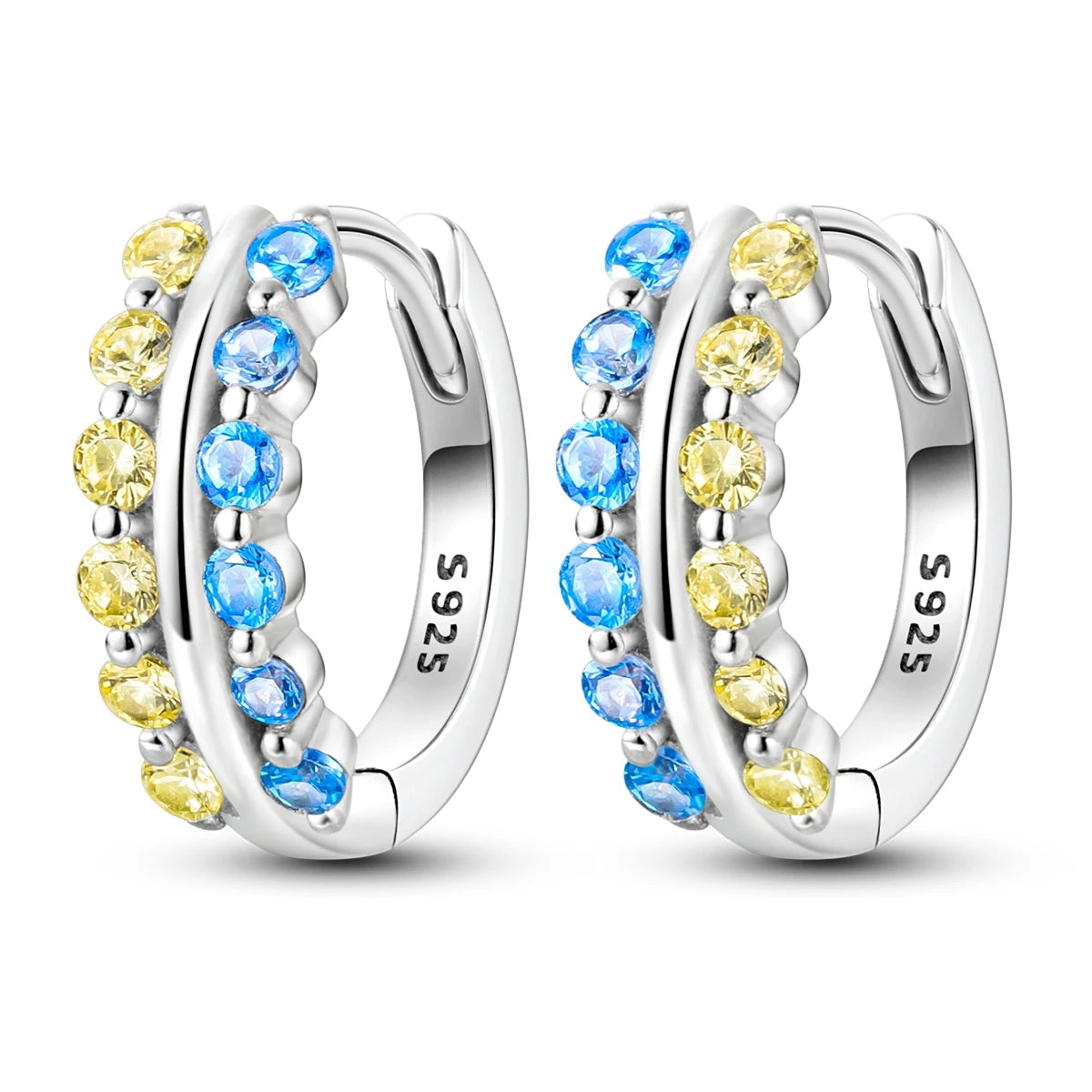 925 Sterling Silver Sparkling Blue Yellow Zircon Hoop Earrings Jewellery Gift