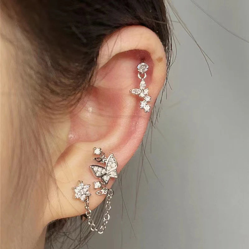 New Double Ear Studs Tassel Chain Hanging Earrings Flower Butterfly