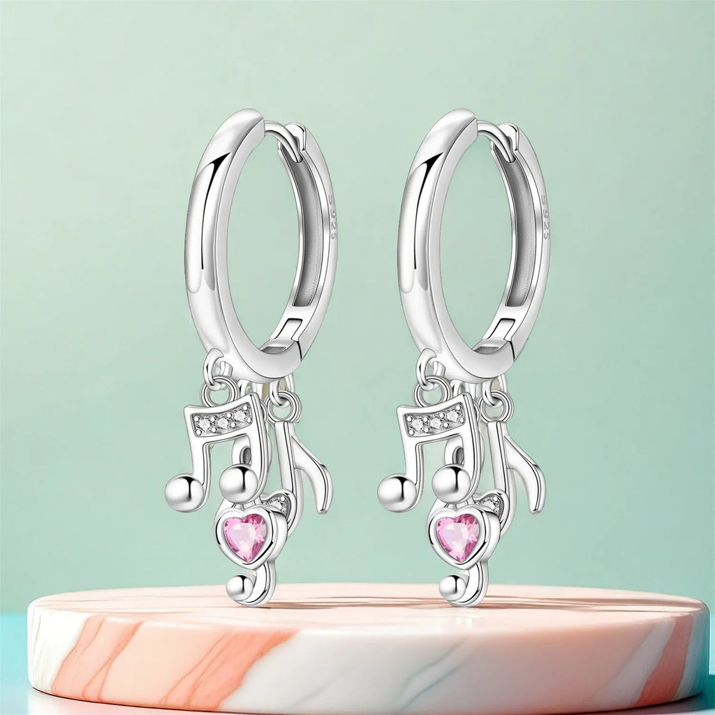925 Sterling Silver Pink Heart Musical Note Drop Earrings Fashion Jewellery